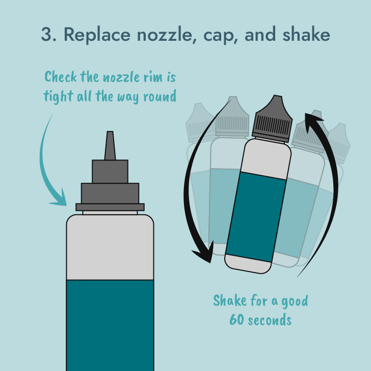 Replace nozzle, cap, and shake
